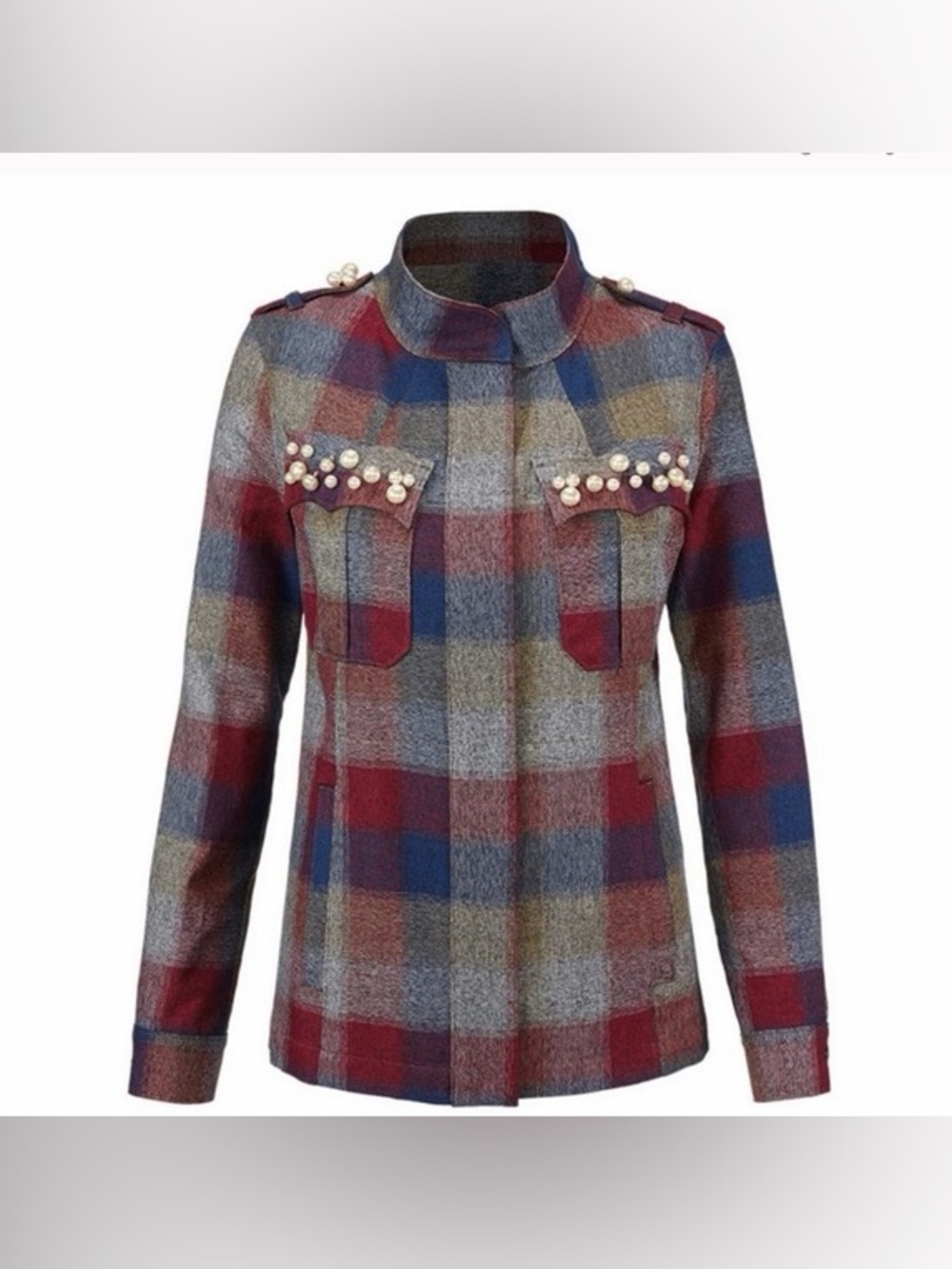 CAbi Collage Jacket Plaid Jean Jacket with Pearl-Flap Embellished Details Small